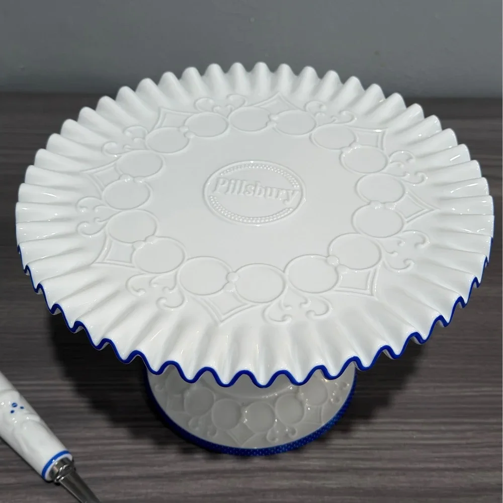 Pillsbury Doughboy Footed Cake Stand and Server Set Danbury Mint 2004 White Blue